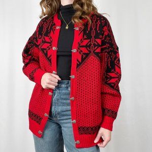 Vintage Nordic Fair Isle Wool Oversized Knit Cardigan Sweater Cozy Ski Christmas